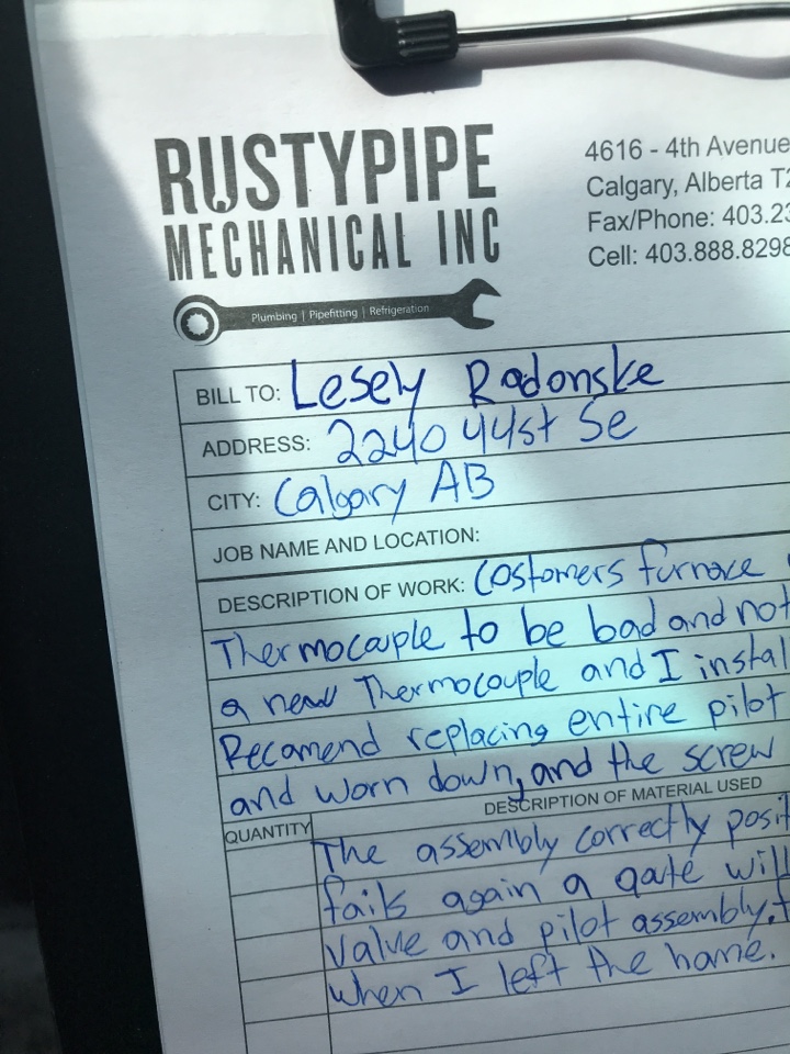 Saddle Ridge, AB - Furnace pilot would not stay lit. Hvac technician required. Replaced thermocouple and tested furnace everything good Saddle Ridge, AB - Furnace pilot would not stay lit. Hvac technician required. Replaced thermocouple and tested furnace everything good